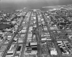 Aerial view, facing the waterfrnot, east along 2nd Ave. S. from about 10th St. Webb's City and Seaboard Coastline Depot in center foreground. c. 1950 Aerial view, facing the waterfrnot, east along 2nd Ave. S. from about 10th St. Webb's City and Seaboard Coastline Depot in center foreground. c. 1950