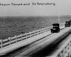First Gandy Bridge span connecting Tampa and St. Petersburg across Tampa Bay. c. 1925. Bridge opened November 20, 1924.