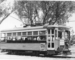 Big Bayou trolley car #56, along the track at 5th St S. c. 1940.
