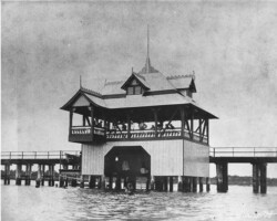 Bathing pavilion on the Railroad Pier. A toboggan slide was added in 1891. c. 1890