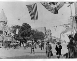 Parade decorations on Central Ave near 3rd St. Ed Lewis store at left, and the Detroit Hotel, complete with its two brick wings. c. 1912 Parade decorations on Central Ave near 3rd St. Ed Lewis store at left, and the Detroit Hotel, complete with its two brick wings. c. 1912
