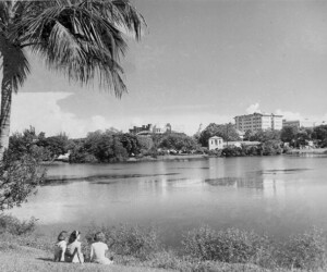 Mirror Lake, looking southeast toward schools, Suwanee Hotel, and the municipal water works. c. 1940