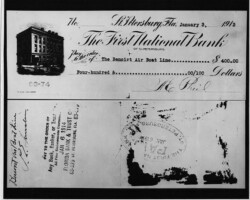 A.C. Pheil's cancelled check for his $400 fare on the world's first commercial flight, from St. Petersburg to Tampa, c. 1913. A.C. Pheil's cancelled check for his $400 fare on the world's first commercial flight, from St. Petersburg to Tampa, c. 1913.