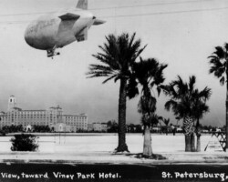 Blimp RELIANCE over Spa Beach, Vinoy Park Hotel in background. c. 1932 Blimp RELIANCE over Spa Beach, Vinoy Park Hotel in background. c. 1932
