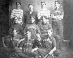 St. Petersburg High School baseball team in 1904. Back row, left to right: Unidentified, Coach Arthur Williams, Fred Allen, and Wilbur Brown. Middle row, left to right: Paul Hoxie, T. McCall, and Jake Barnard. Front row, left to right: Raymond Ridgley, McQueen Auld, and Homer Kerr.