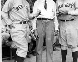 NY Yankees players Lou Gehrig (L) and Babe Ruth (R) holding baseballs from early games played by Dick Mayes (C). c. 1934