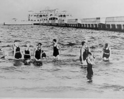Swimmers at Spa Beach with the Million Dollar Pier in background. c. 1930