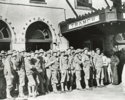 World War II-era soldiers stand in front of the Tramor Cafeteria. City cafeterias fed the boot camp personnel. c. 1943 World War II-era soldiers stand in front of the Tramor Cafeteria. City cafeterias fed the boot camp personnel. c. 1943