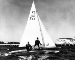 Sailboat with Million Dollar Pier in background. c. 1950.
