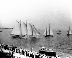 Start of the St. Pete-Havana Yacht Race, with the race committee boat in foreground. c. 1936