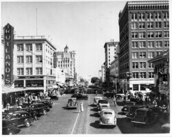 Central Ave at 5th St, looking east. Rutland's far left, La Plaza far right. c. 1938 Central Ave at 5th St, looking east. Rutland's far left, La Plaza far right. c. 1938