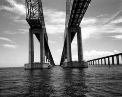 Original double-span of the Skyway Bridge, with new span on the right. c. 1987