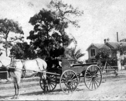 Two people riding in a horse-drawn carriage on a dirt road, with a house and trees in the background, historical photo