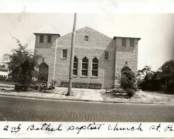 Historic black-and-white photo of 2nd Bethel Baptist Church in St. Petersburg, Florida, a stone building with arched windows
