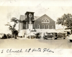 Vintage photo of M.E. Church in St. Petersburg, Florida, with 1930s-era cars parked outside