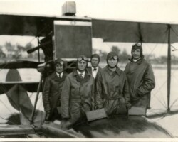 Pilot Albert Whitted (third from left, in the back row) with unidentified passengers aboard the Falcon seaplane, c. 1920 to 1923. Pilot Albert Whitted (third from left, in the back row) with unidentified passengers aboard the Falcon seaplane, c. 1920 to 1923.