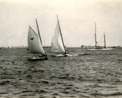 Black-and-white vintage photo of three sailboats on open water, with a shoreline visible in the background