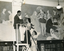 George Snow Hill Studios enlisted their students, namely Lamar Simpson (L), to paint a mural in the St. Petersburg High School Library. Bette Fischer (C) and John Stephens, both SPHS students, assisted. April 1951.
