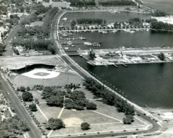 Aerial view of the downtown waterfront and Al Lang Field, looking north toward the Vinoy Hotel, c. 1947. Aerial view of the downtown waterfront and Al Lang Field, looking north toward the Vinoy Hotel, c. 1947.